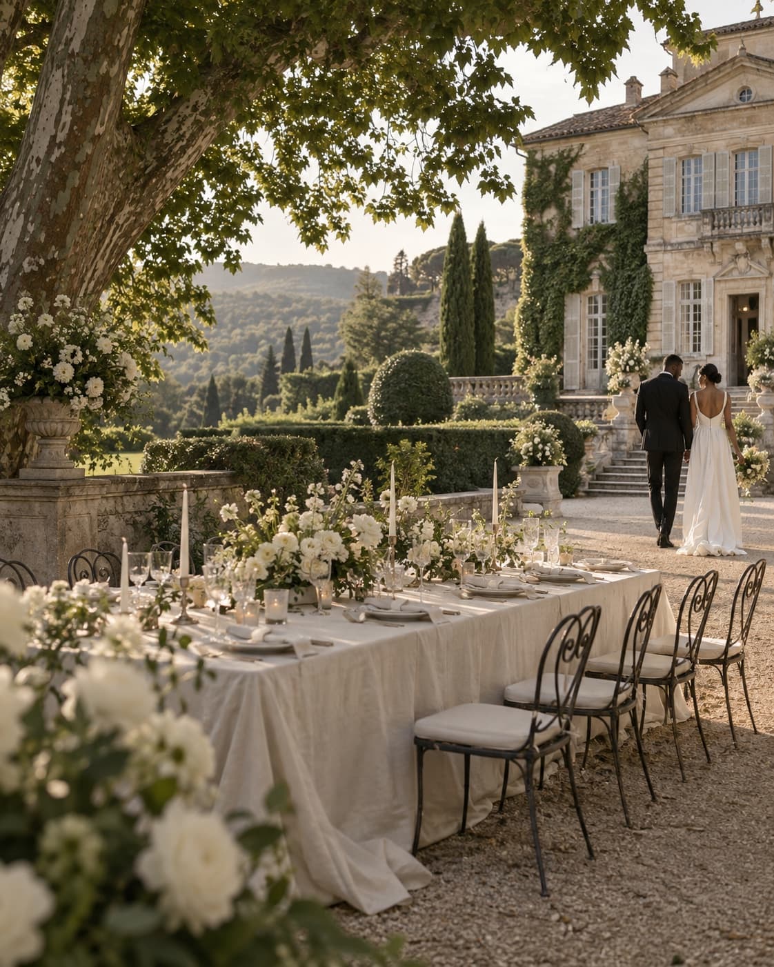 An elegant outdoor wedding reception at a garden estate