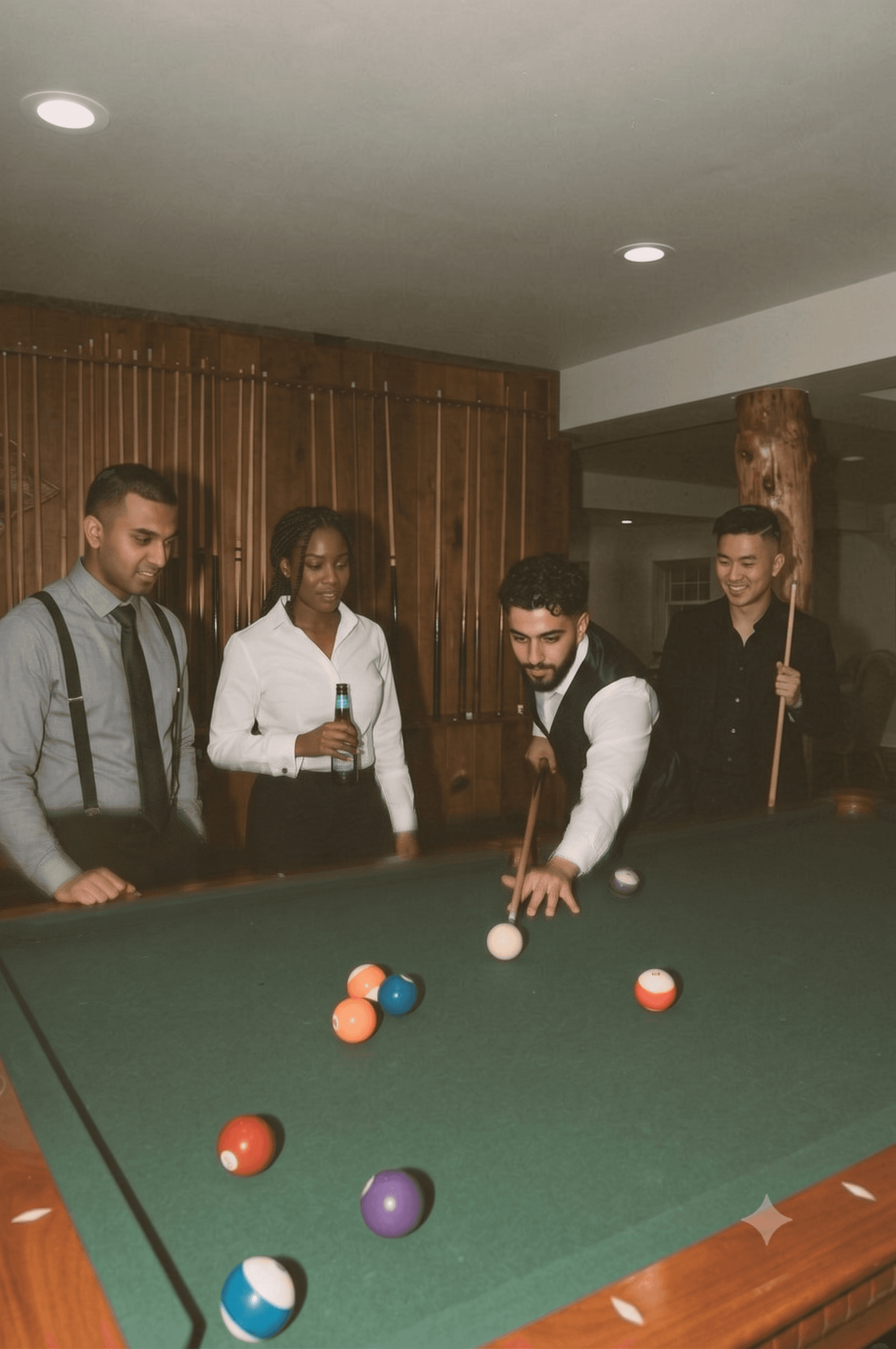 The guys shooting pool on bach party weekend