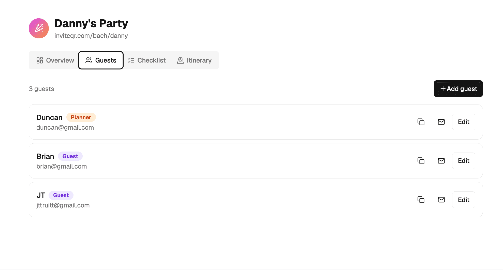 Itinerary & collaboration in InviteQR Bach