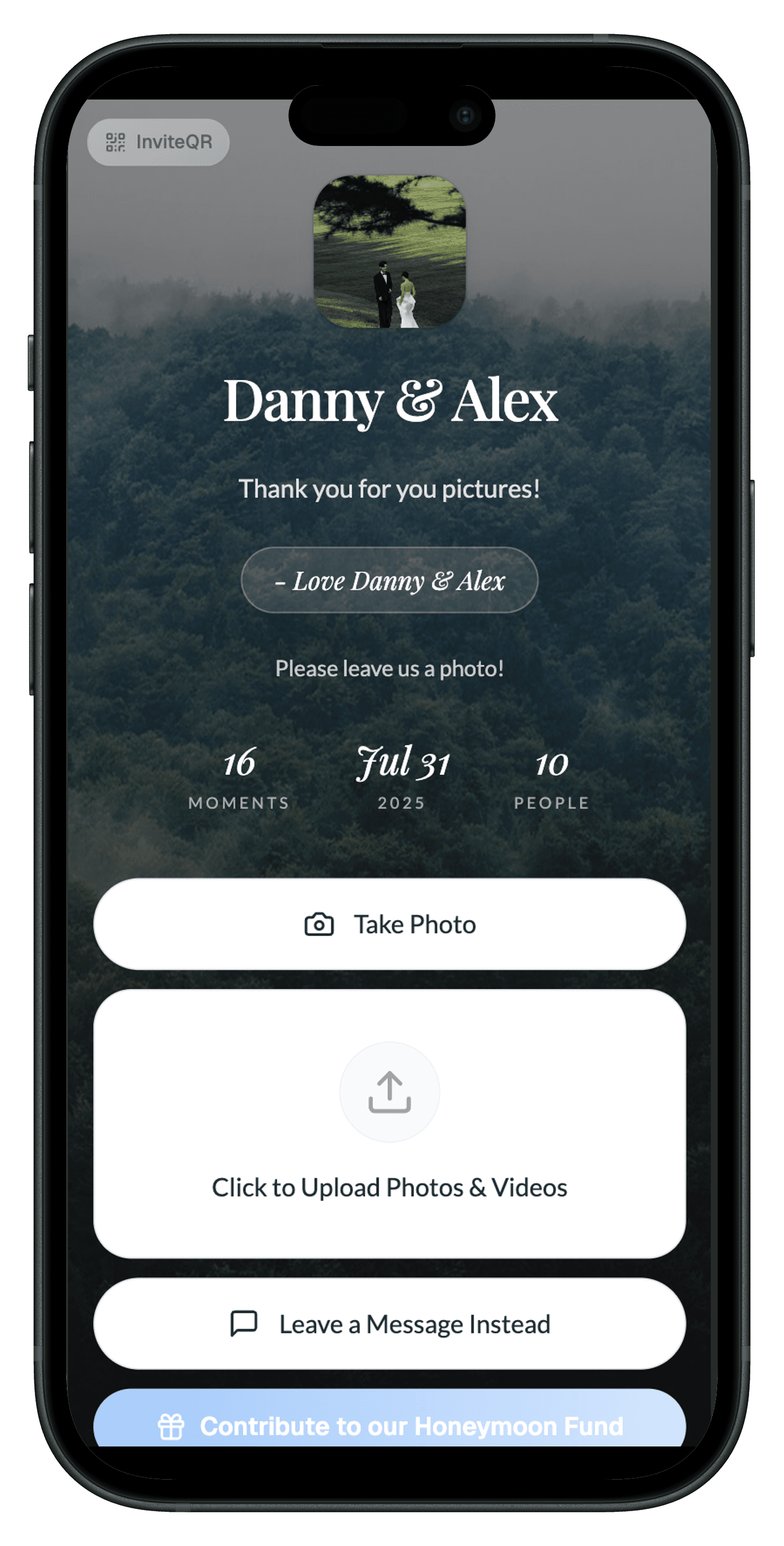 Guest upload page with a cover photo, event stats, and one-tap upload buttons