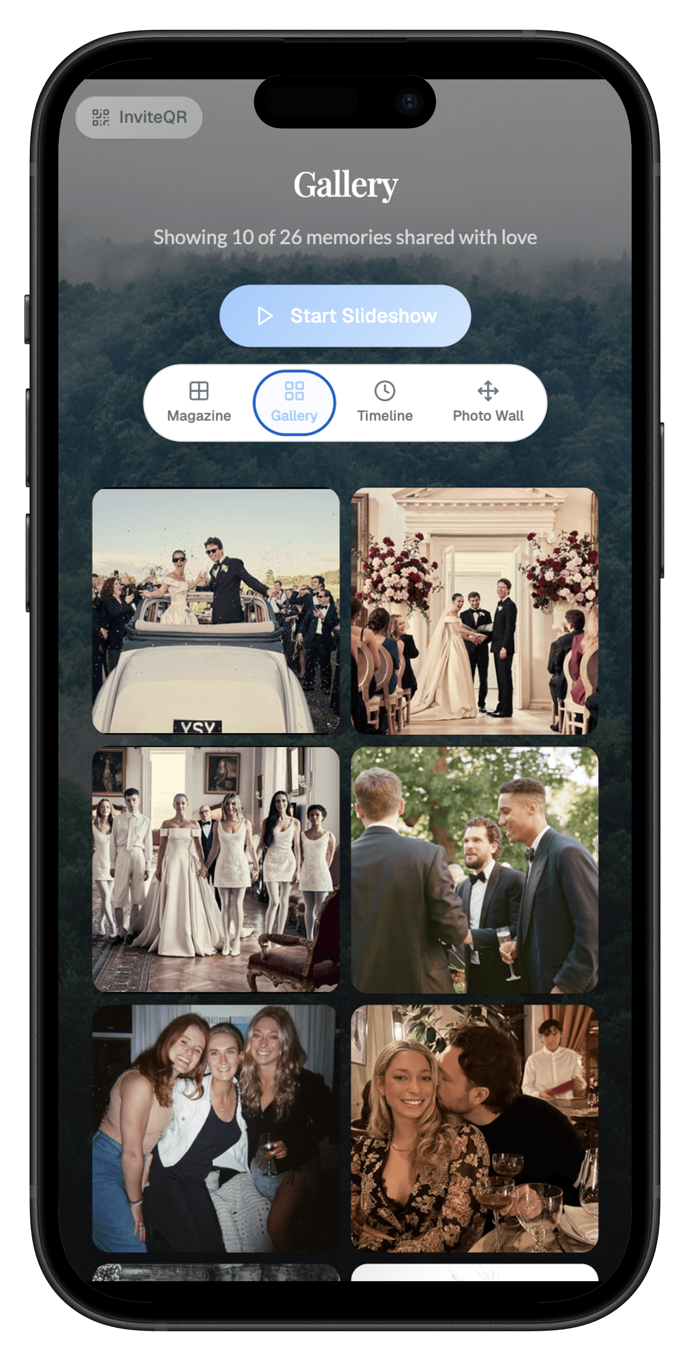 Live shared gallery filling up with wedding photos from guests