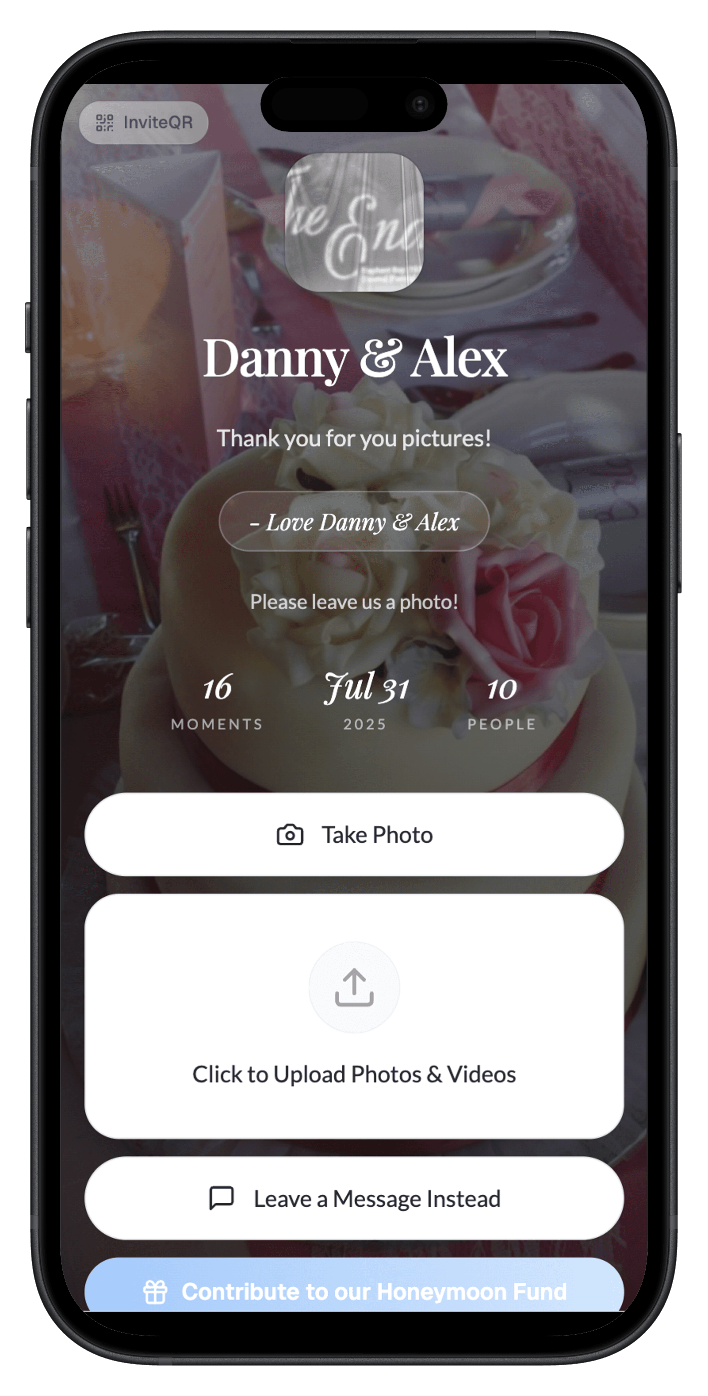 Guest page styled with the couple's own cover photo and colors