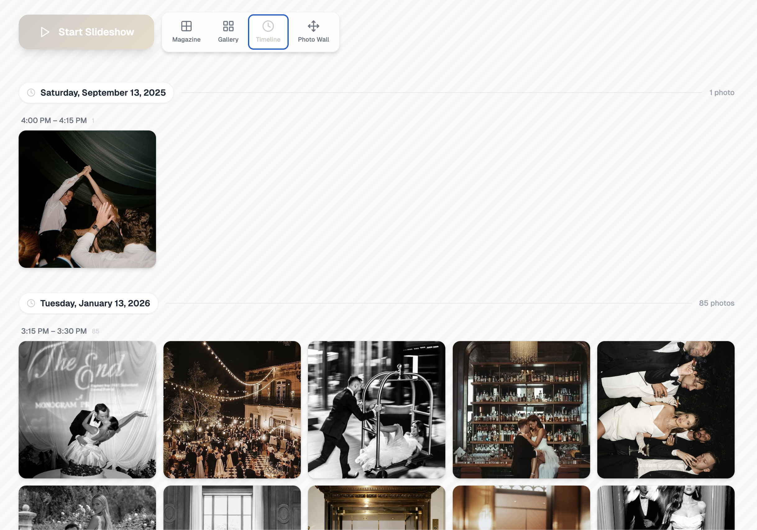 Timeline view showing photos grouped chronologically by time